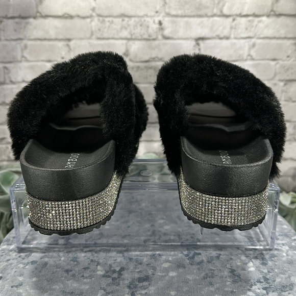 Bamboo Black 2-Band Furry Slipper Shoes with Crystal Embellished Soles WMS 9M - Picture 5 of 10